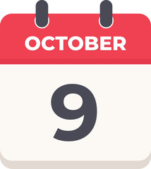 9 October Daily Calendar Icon in flat design style red and white