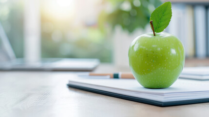 A green apple sits on a desk next to a notebook and a pen
