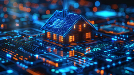 Obraz premium Modern smart home model with soft white lighting displayed on sleek digital interface in a cool blue ambient tech setting