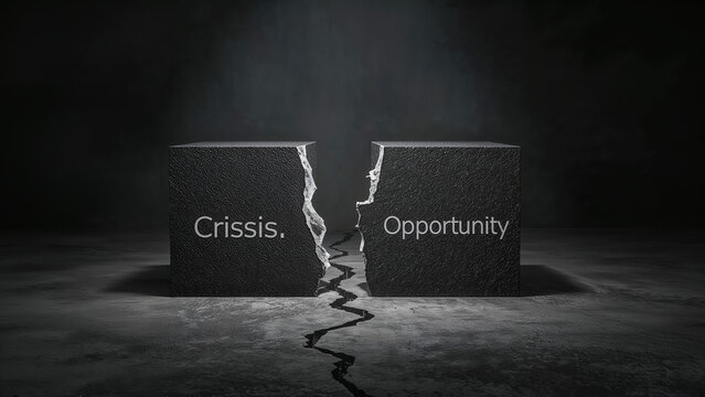 Broken crisis block revealing opportunity symbolizes resilience and turning challenges into success, representing a powerful motivational message.