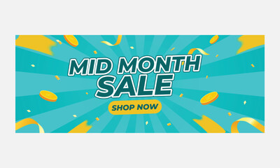 Mid Month Sale Banner with Dynamic Green Background and Gold Coins
