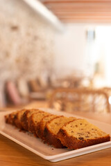 slices of cake with chocolate prepared for breakfast in a restaurant