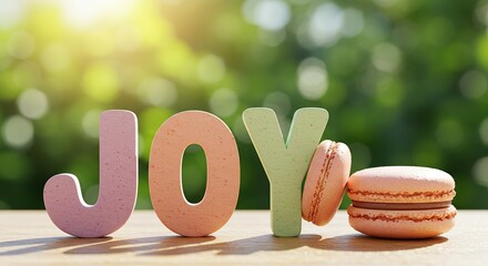 "JOY" Letters with Macarons on Wooden Surface in Sunlight - Sweet and cheerful concept of happiness, celebration, or simple pleasures with a blurred green background.