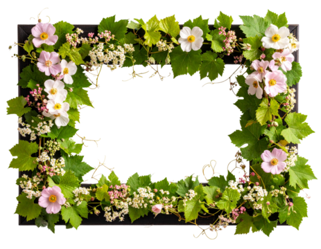 Morning Flower Floral Frame with Climbing Vines and Bloom Accents, isolated on a transparent background.