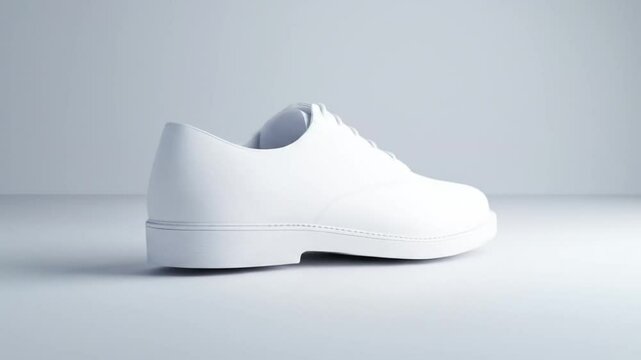 A white, low-top shoe sits on a white surface against a white background.
