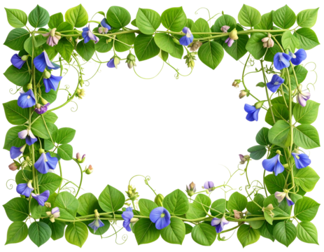 Pea Flower Rectangular Frame with Blooming Tendrils, isolated on a transparent background.
