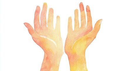 Serene watercolor of two hands raised in supplication (Dua), bathed in ethereal light. Isolated on white background.