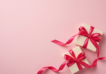 Two Small Gift Boxes with Pink Ribbon on Pastel Background