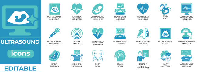 Clean ultrasound icons for medical, diagnostic, and health designs