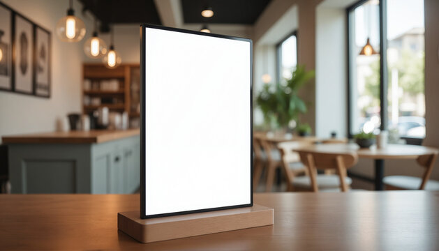 Vertical Digital Frame Mockup - Wooden Display Stand on Cafe Table for Product Presentations, Menu Designs, and Restaurant Marketing