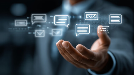 Communication icons floating above open hand message email