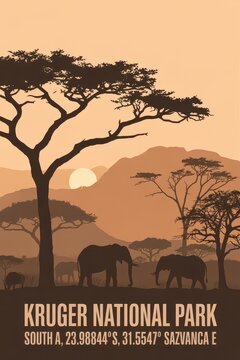 Vintage Travel Poster of Kruger National Park Safari Landscape, South Africa

