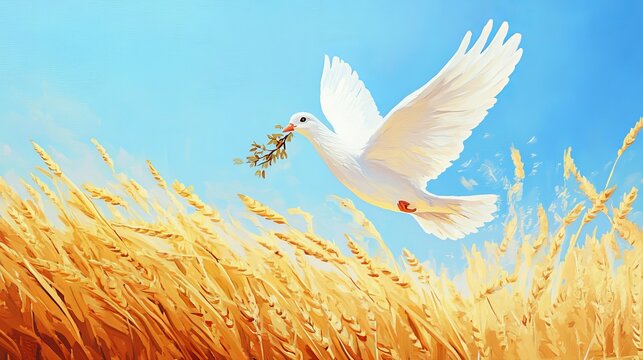 Graceful white dove of peace with an olive branch soaring over a golden Ukrainian wheat field. Symbol of hope and freedom. - Powered by Adobe