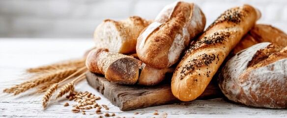 The assortment of freshly baked artisanal breads on a rustic wooden board.