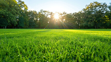 A large, lush green field with a bright sun shining down on it