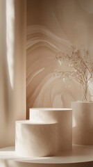 Minimalist interior design featuring soft lighting, marble decor, and dried floral arrangements in a serene setting