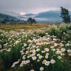 Misty mountain valley, field of daisies