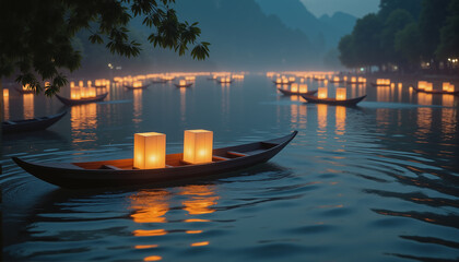 Floating Lantern Festival – Illuminated Paper Boats on Misty River at Twilight for Cultural Celebrations, Spiritual Ceremonies, and Atmospheric Photography