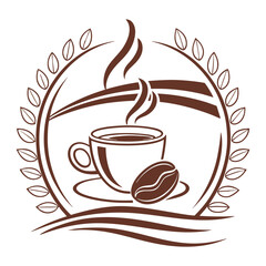 A hot cup of coffee with beans and steam, perfect for a cafe's breakfast beverage icon or logo design.