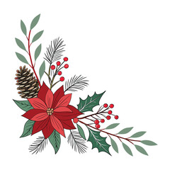Christmas floral background with holly and red and white blossoms, a beautiful decorative vector illustration.