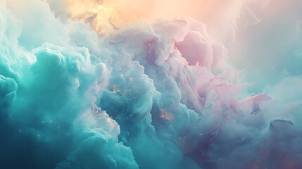 An ethereal view of a galaxy collision, with clouds of gas and stars exploding in soft pastels of teal, magenta, and gold, in a serene void of endless space.