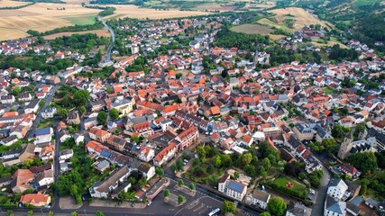 Aerial view around the old town of the city Bad Sobernheim on a sunny spring noon
