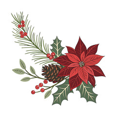 Christmas wreath with red poinsettia and holly, a festive floral decoration with green leaves and winter berries.