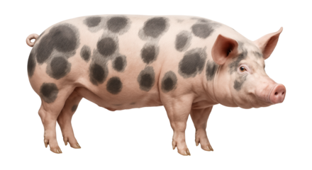 Pietrain pig with spotted coat and muscular physique