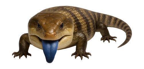 Blue-tongued skink with a broad, flat head and distinctive blue tongue
