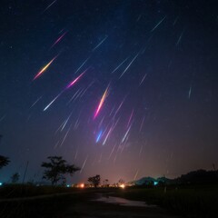 Night sky ablaze with colorful shooting stars over a rural landscape