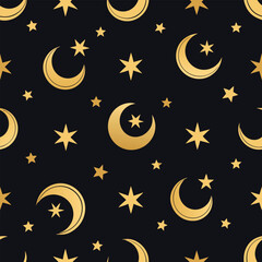 Golden moon and stars create a seamless night sky pattern, a dark blue vector illustration perfect for festive Christmas decoration