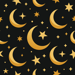 seamless crescent moon and star pattern gold on black background.