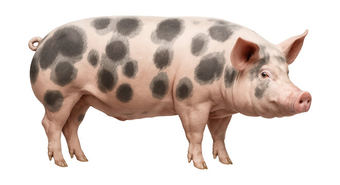 Pietrain pig with spotted coat and muscular physique