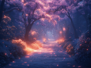 Enchanted Forest at Twilight &ndash; Fantasy Landscape with Fireflies and Cherry Blossoms
