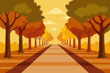 Straight Park Path Lined With Tall Symmetrical Oak Trees