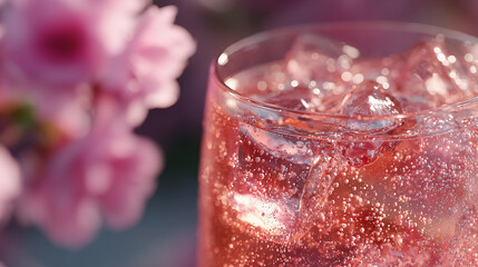 refreshing pink sparkling drink with ice and cherry blossoms, ideal for spring summer themed advertising, beverage packaging design, or wellness and lifestyle blog visuals, copy text