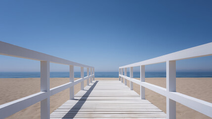 Wooden boardwalk extends towards the calm ocean, framed by white railings, leading to a serene beach under a clear blue sky, inviting relaxation and tranquility
