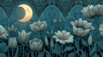 Stylized night scene with textured crescent moon, soft yellow-white glow, lush white flowers in bloom, detailed petals, ornate Gothic arches, intricate floral and geometric patterns, 