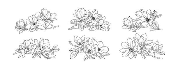 Magnolia flower arrangement line art on white background. Silhouette magnolia botanical hand drawn element for wedding, invitation frame design, vector illustration