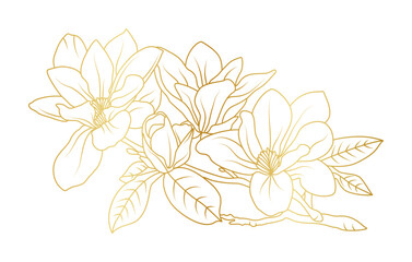 Fototapeta premium Golden magnolia flowers line art isolated on white background. Luxury magnolia floral design elements for invitation, wedding, wallpaper, print template, vector illustration
