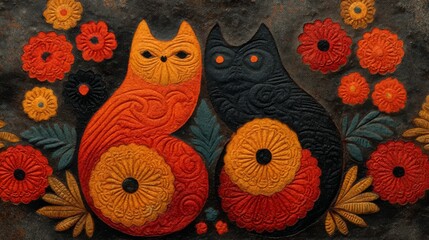 Stylized folk-art cats with intricate swirling patterns, orange and black, surrounded by vibrant red, orange, and yellow flowers, green leaves, on dark textured background.
