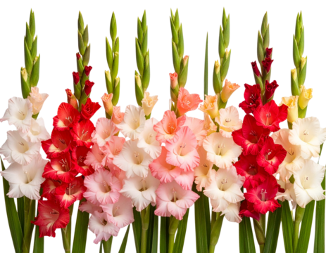 Seamless Gladiolus Border with Alternating Bloom Heights, isolated on a transparent background.