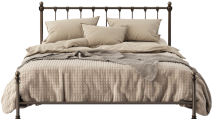 Vintage metal double bed frame with pillows isolated on white background

