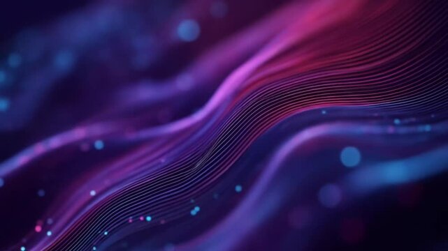 Abstract purple and pink waves flow across a dark background, interspersed with small, glowing dots of blue, pink, and purple.