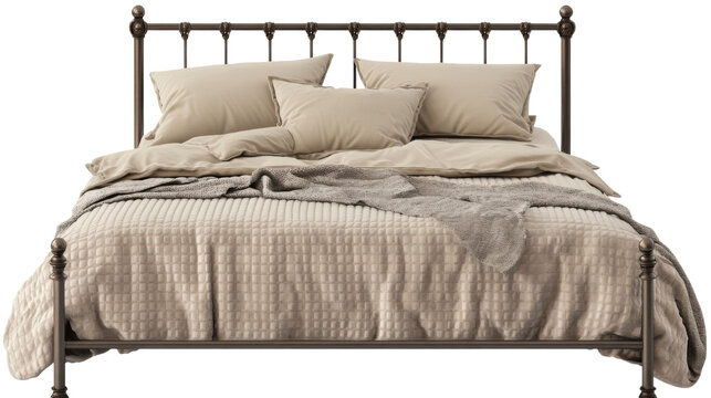 Vintage metal double bed frame with pillows isolated on white background
