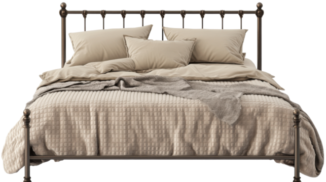 Vintage metal double bed frame with pillows isolated on white background
