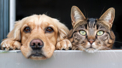 A dog and a cat are laying on a ledge, looking at the camera