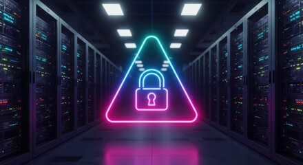 Neon lock icon in a triangular shape glowing in a dark server room. Symbol of cybersecurity, encrypted data, and advanced digital protection in modern technology environments