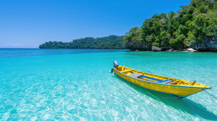 A yellow boat is floating in the ocean near a beach