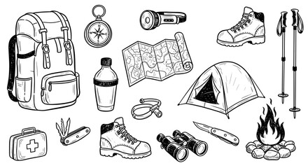 Hiking gear essentials kit: binoculars, compass, trekking poles, backpack, knife, camping knives set, map, flashlight, boots, first aid kit, tent vintage sketch vector illustration hand drawn 